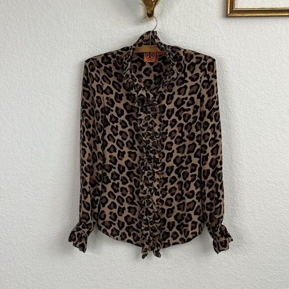 Tory Burch Leopard Ruffle Button Down Blouse - Picture 2 of 6